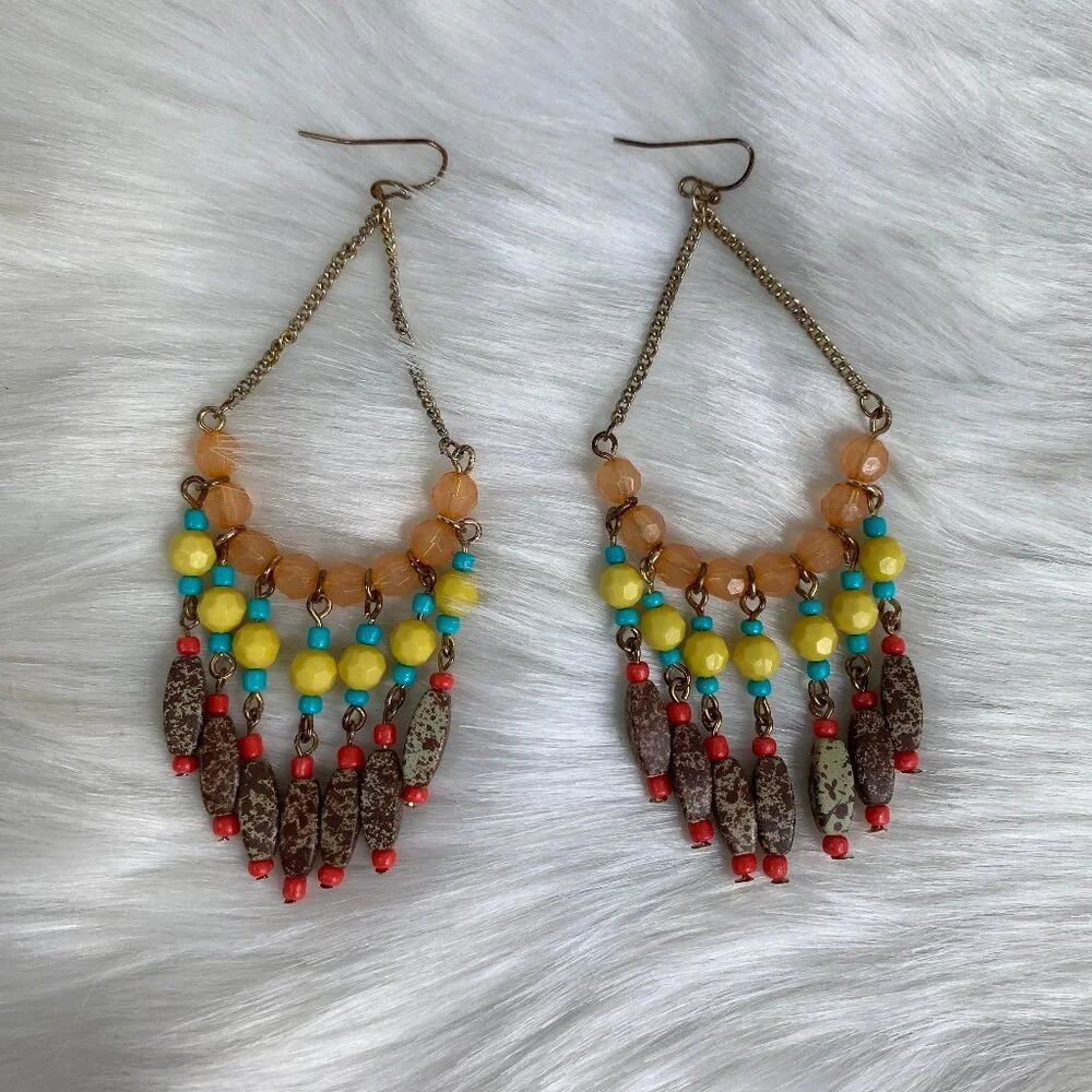 Boho Beaded Dangle & Drop Brown, Yellow, Blue Chain Pierced Earrings
